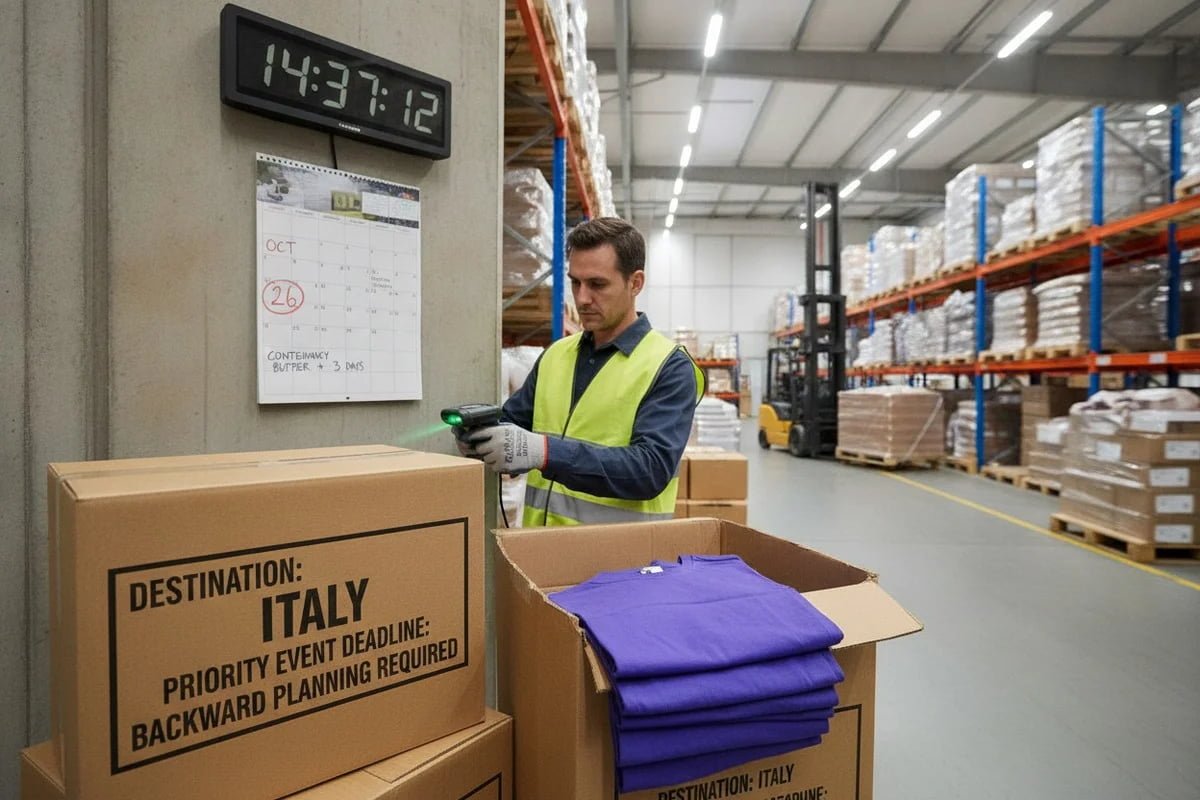 Planning promotional apparel delivery by working backward from event deadlines with shipping buffers (ID#3)