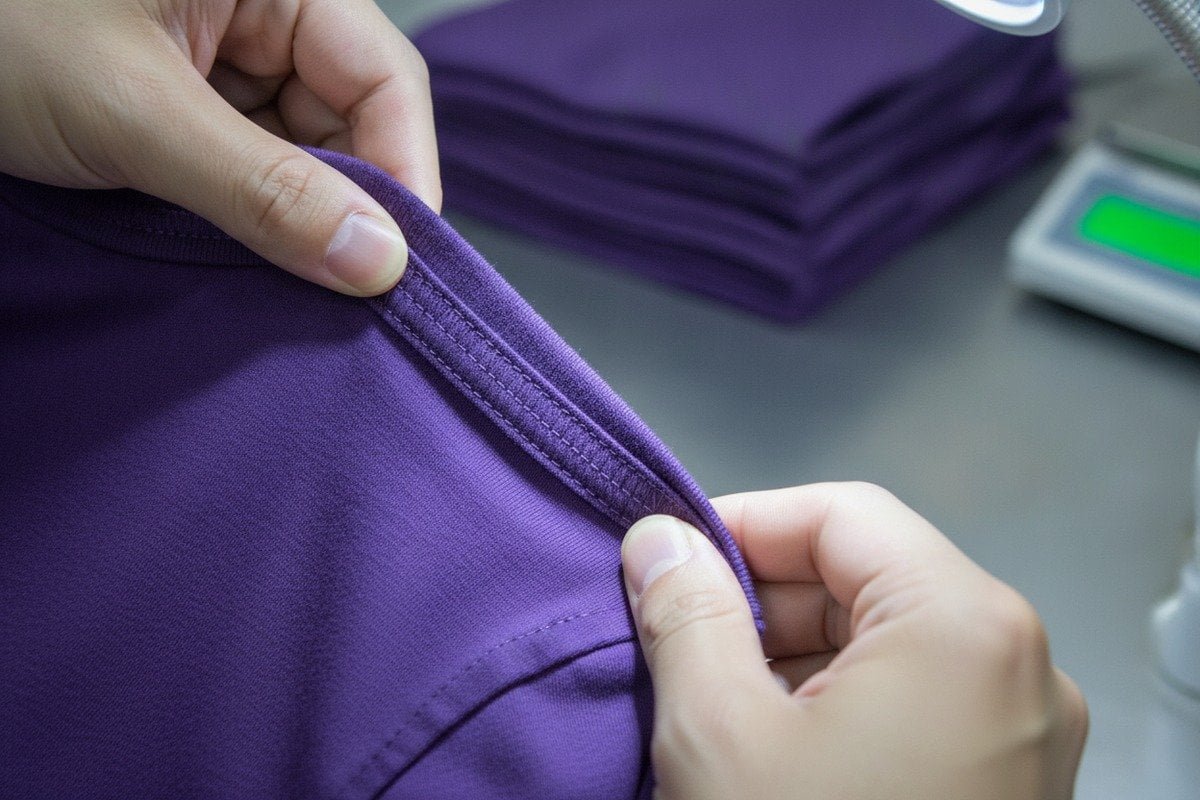 Inspecting cotton fabric quality and seam construction in promotional t-shirt samples (ID#3)